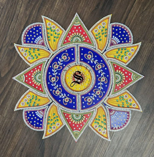 Handmade 19 piece Acrylic Rangoli. Size - 15 inch approx. Multi color.