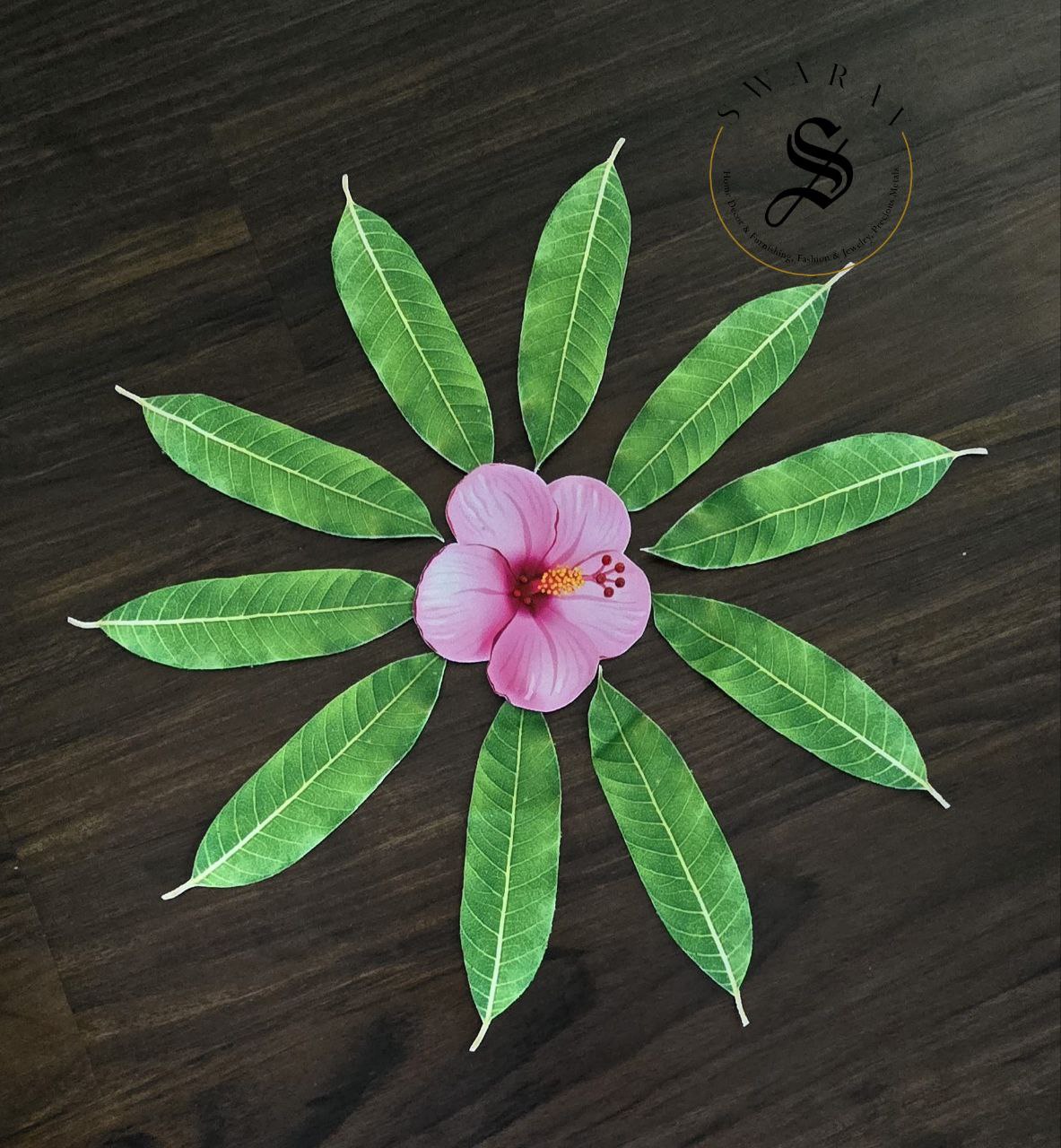 Shubhamastu - Fabric made 27pc set of Banana, Mango and Betelnut leaf and Hibiscus and Marigold Flower for floor or kalash or Pooja thali decor.
