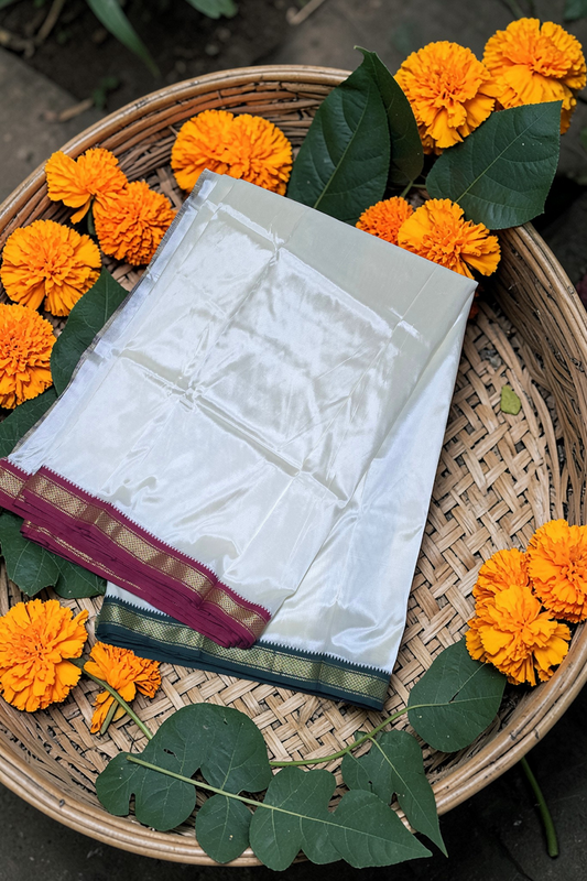 Pure Silk powerloom weave creamy white color Men's Angavastram and Vesti set with zari weave green and maroon border. ( D7) Length - 7 meters.