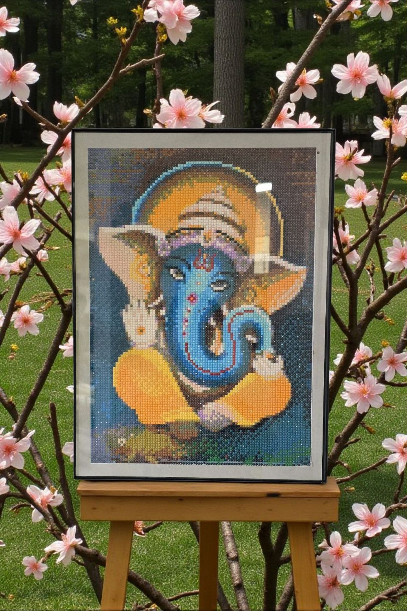Handmade framed Crystal Beads Ganesha painting.