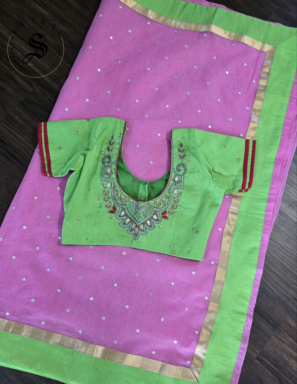 Kota mix cotton small mirror work saree with contrast stiched work blouse.