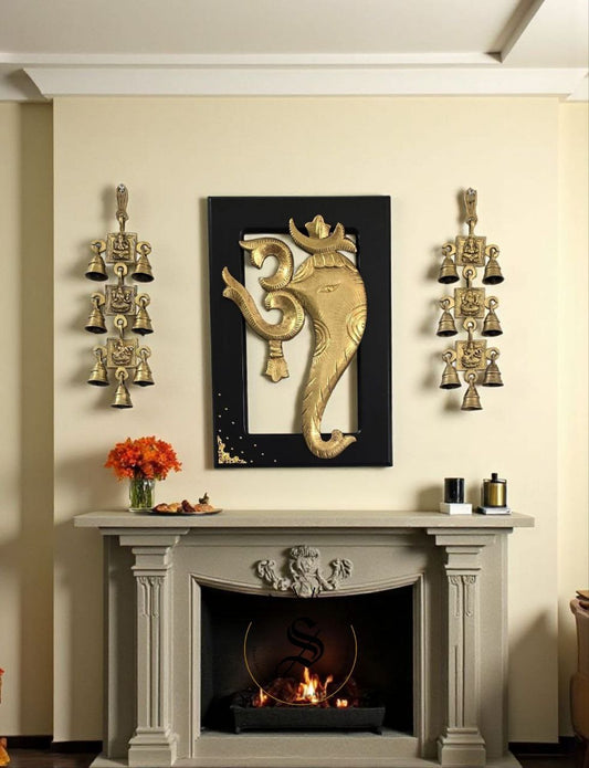 Brass Om Ganesha Frame with side bell Wall Hanging - Set of 3.