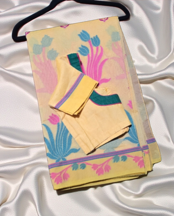 Kota cotton floral print and embroidery buta saree with stitched blouse.