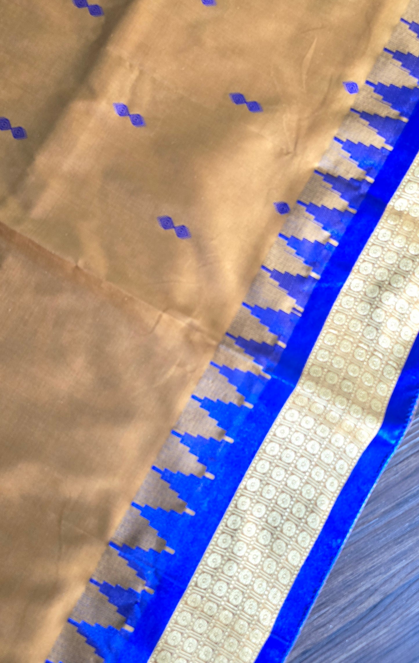Mustard/turmeric yellow Sambalpuri Bomkai silk saree with royal blue stitched blouse. Code - SAR103