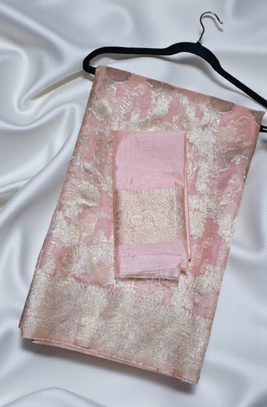Semi soft peachy Organza silk with zari woven Banarasi Jaal pattern with matching blouse piece