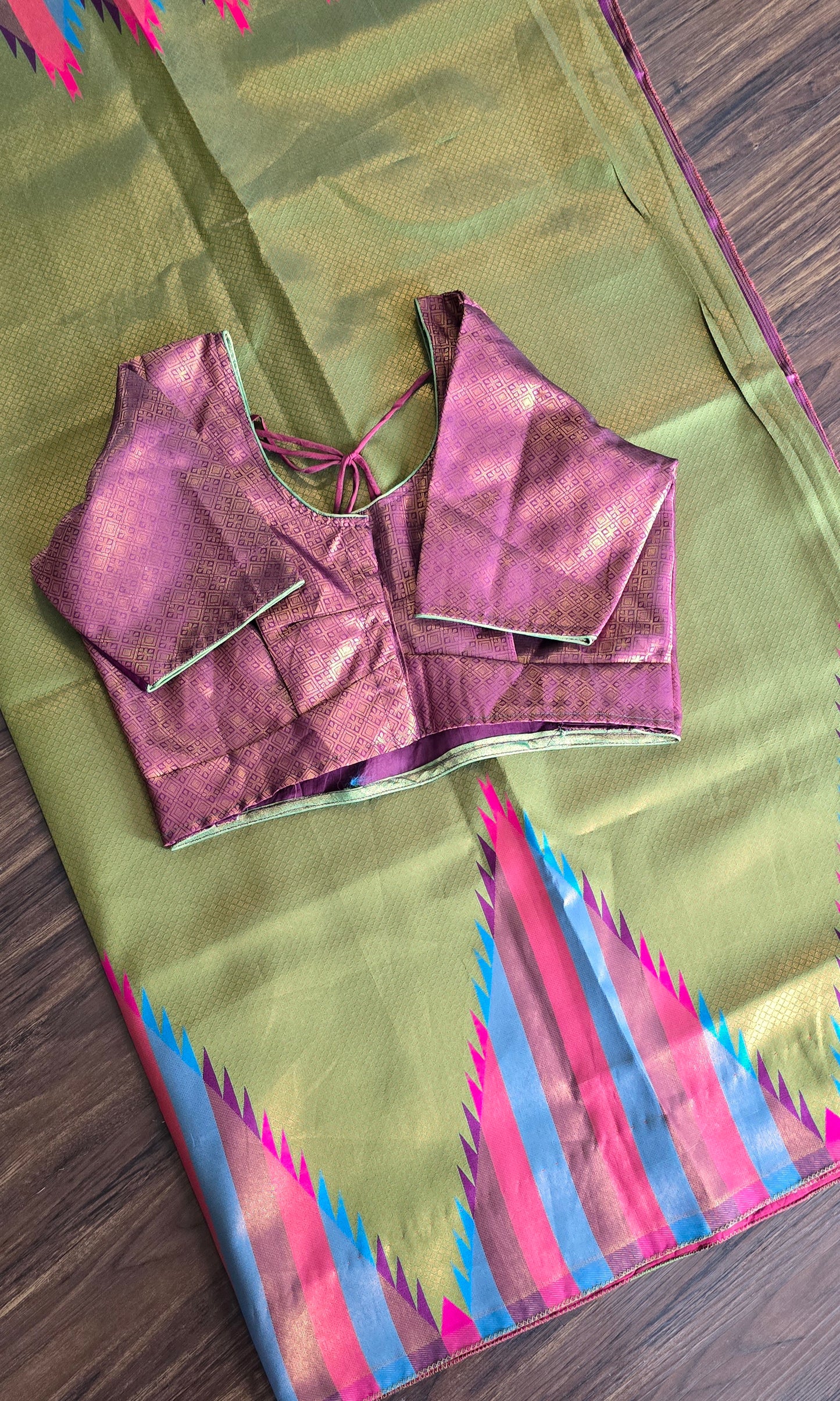 Mehendi green temple border semi silk Saree with dark purple Jacquard stitched blouse. Code - SAR106