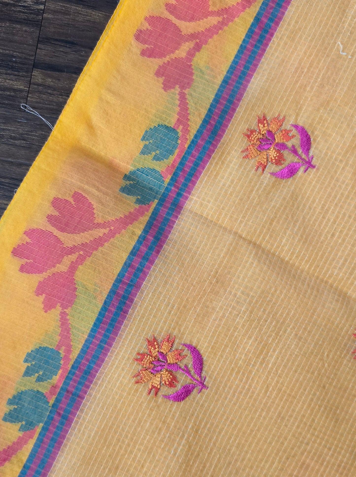 Kota cotton floral print and embroidery buta saree with stitched blouse.