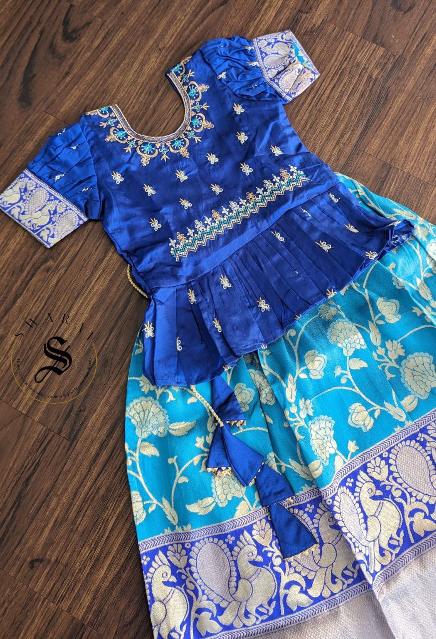 Zari woven cotton blend Pavadai set ( Ghaghra Blouse )for Baby Girl . Royal Blue. Age 6.