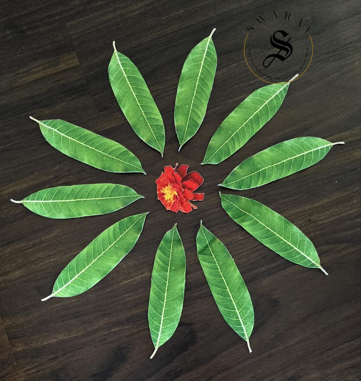 Shubhamastu - Fabric made 27pc set of Banana, Mango and Betelnut leaf and Hibiscus and Marigold Flower for floor or kalash or Pooja thali decor.