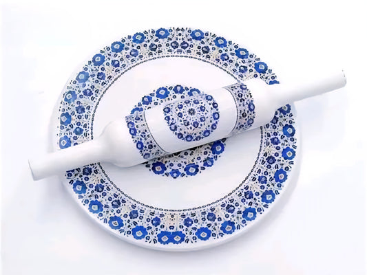 10 inch Marble Chakla Belan - with blue and white floral print.