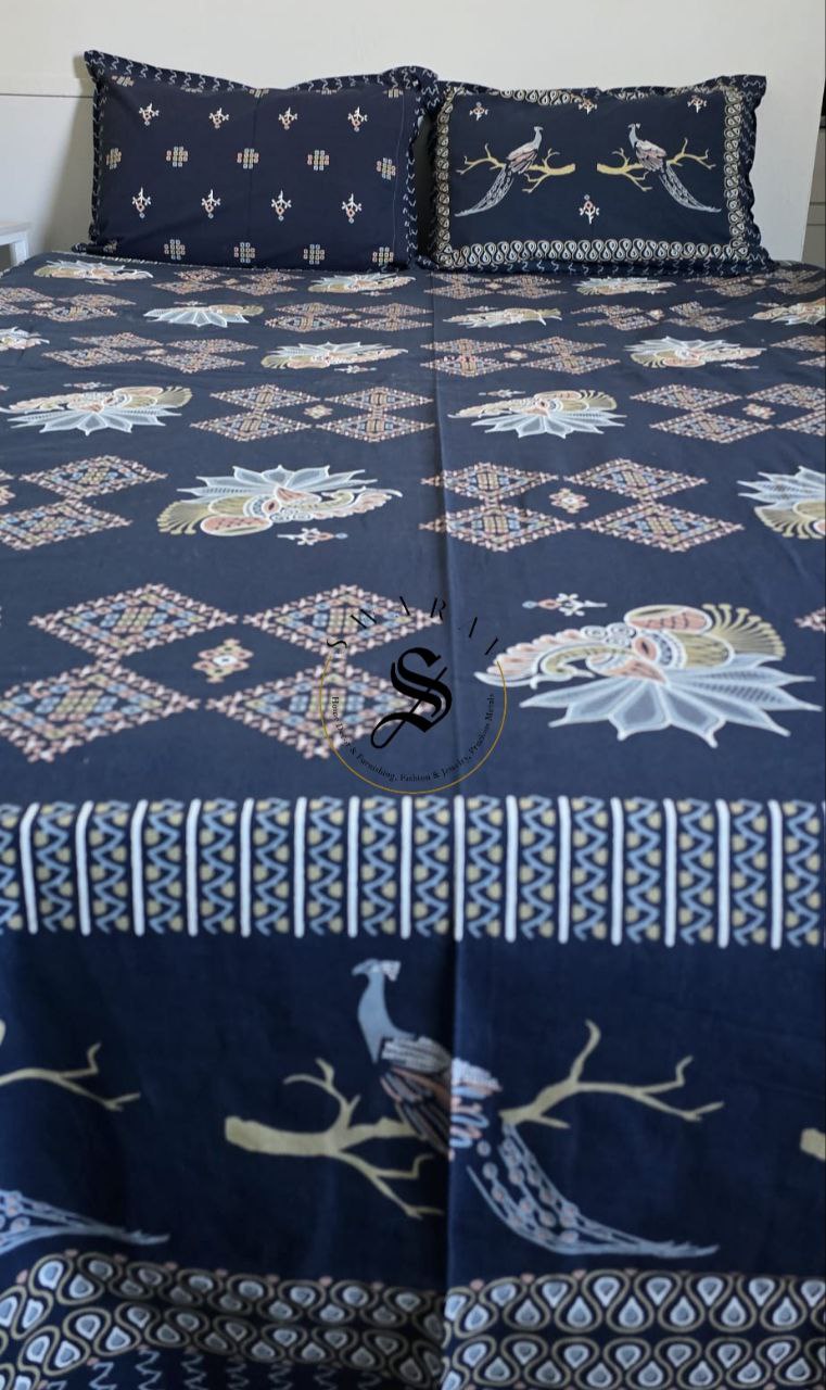 Jaipur Pure Cotton Queen Size Flat sheet Set - 102 by 88 inch. Blue Base with peacock design.