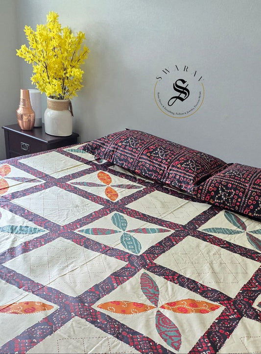 100% cotton Katha stitch and Applique design PRINTED Jaipur King Size flat sheet Set - 108 by 108 inch.