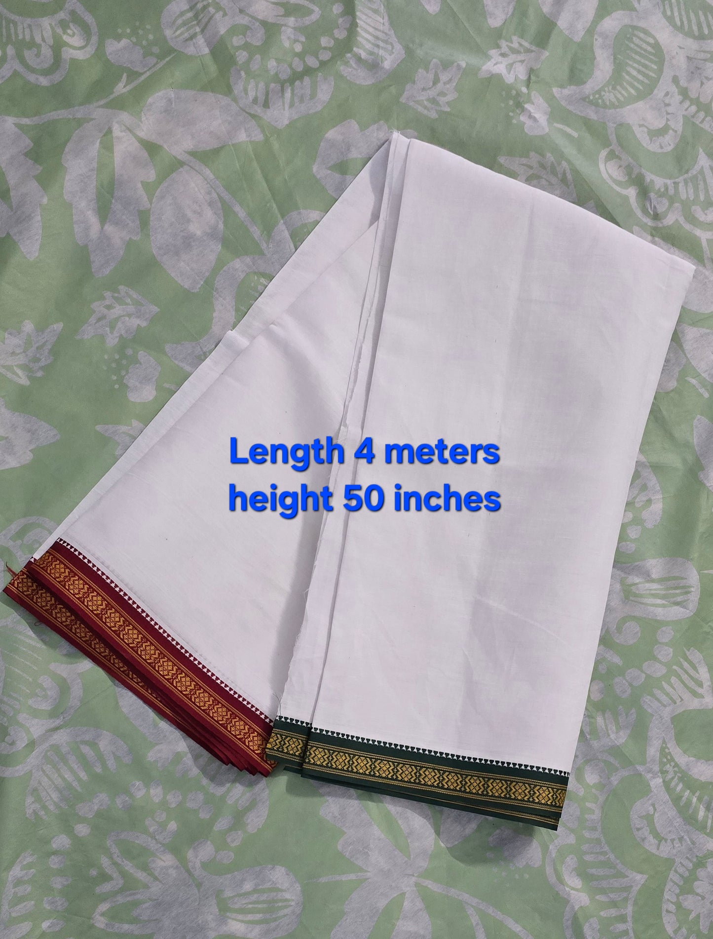 Men's pure cotton Vesti set with green and maroon floral zari woven border. (D5). Total length for the set - 4 meters.