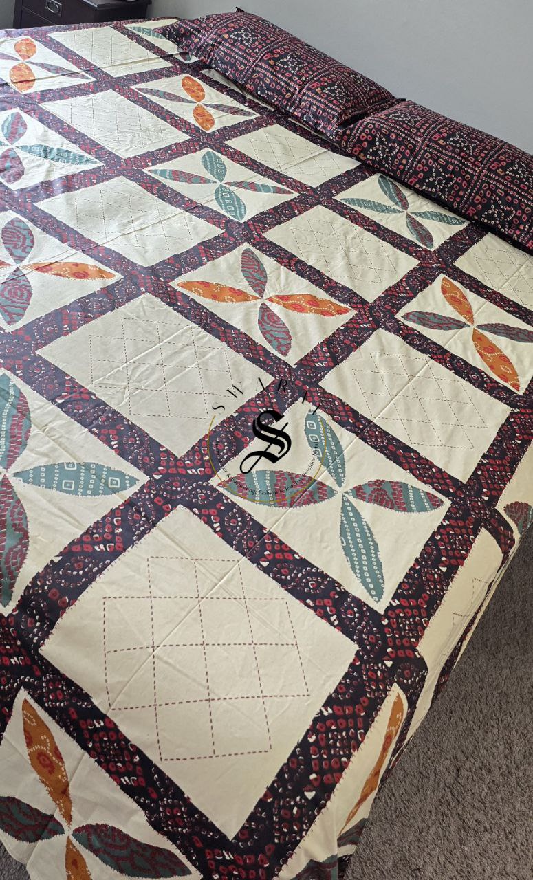 100% cotton Katha stitch and Applique design PRINTED Jaipur King Size flat sheet Set - 108 by 108 inch.