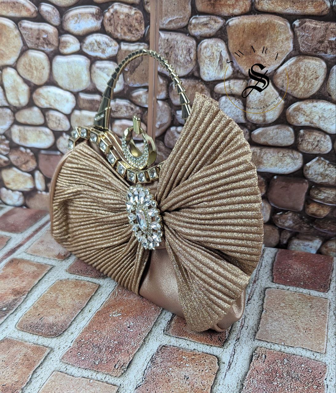 Faux Leather Side Bow Party Clutch -Gold Color.