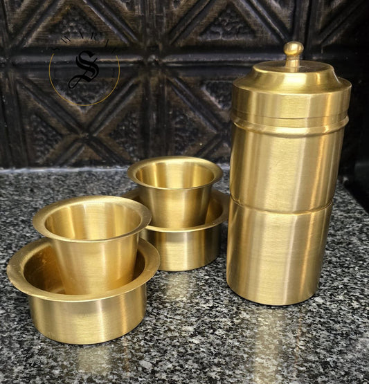 Pure Brass Set of 3, matt finish Indian Coffee filter and Dabara set. ( 2 sets of Dabara and 1 Coffee filter)