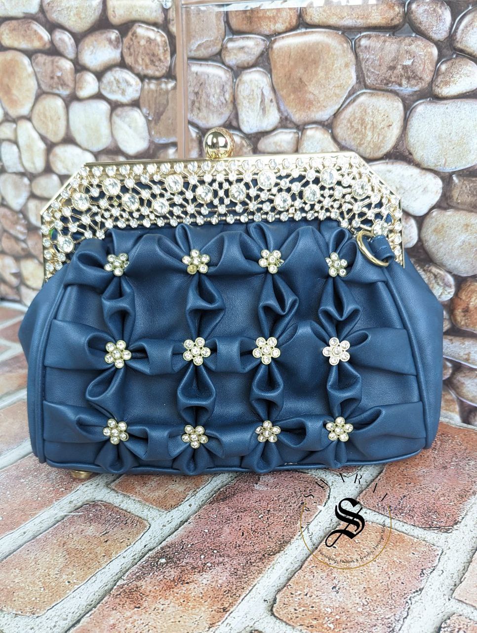 Faux Leather Floral party Clutch - Peacock Blue.