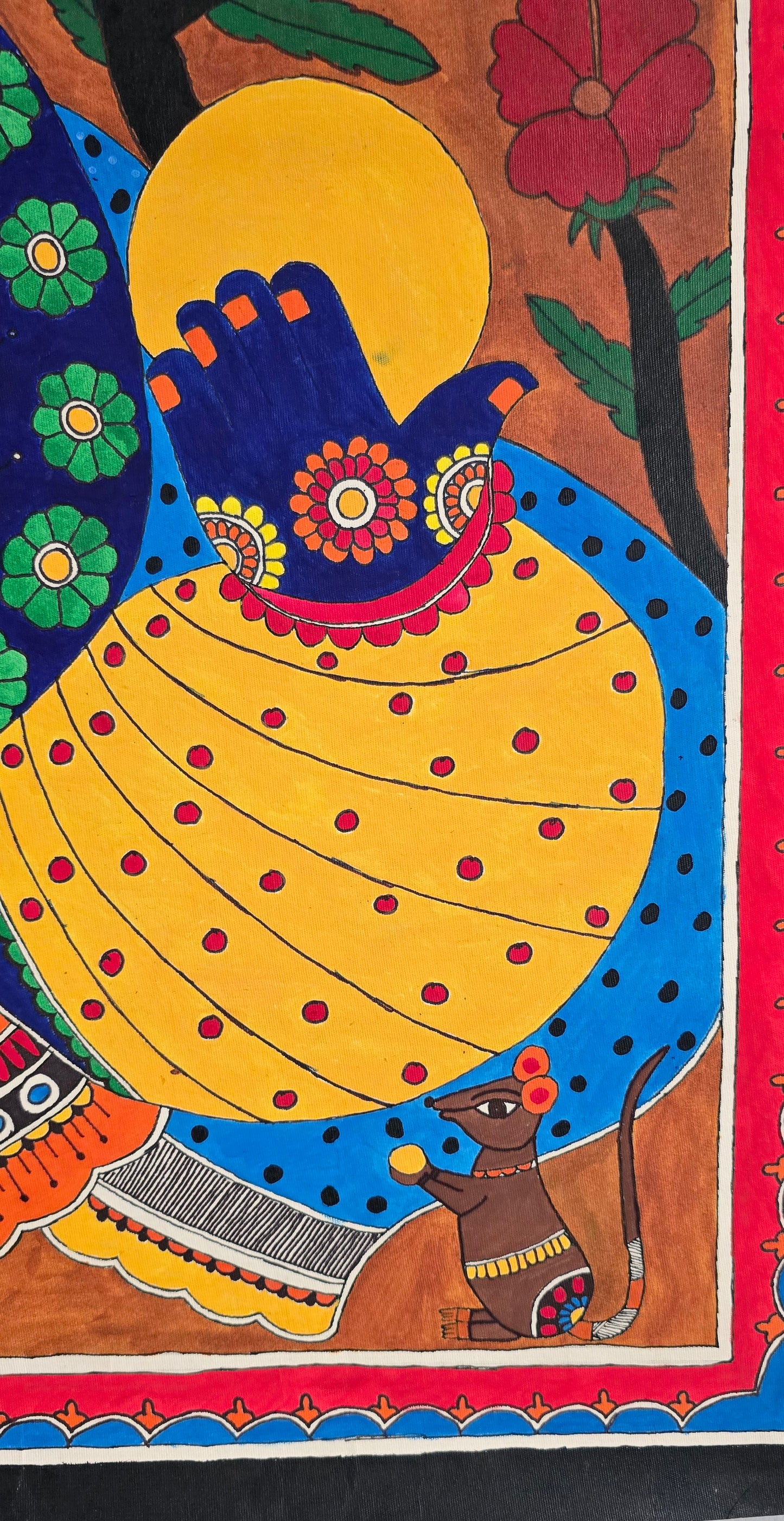 Madhubani or Mithila Painting – Lord Ganesha with his beautiful ornaments and Laddu in hand.