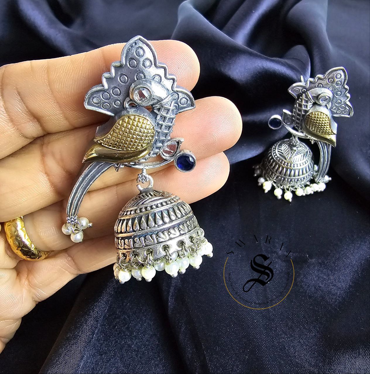 Oxidized dual Tone peacock jhumka earrings