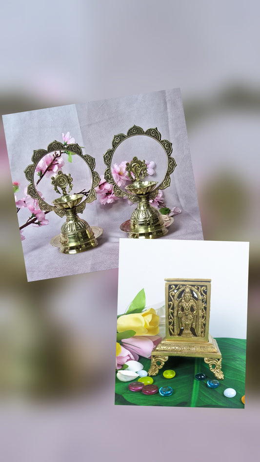 Pure Brass Sankhu Chakra Namam BUNDLE pack of oil Lamp and Dhoopdaan.