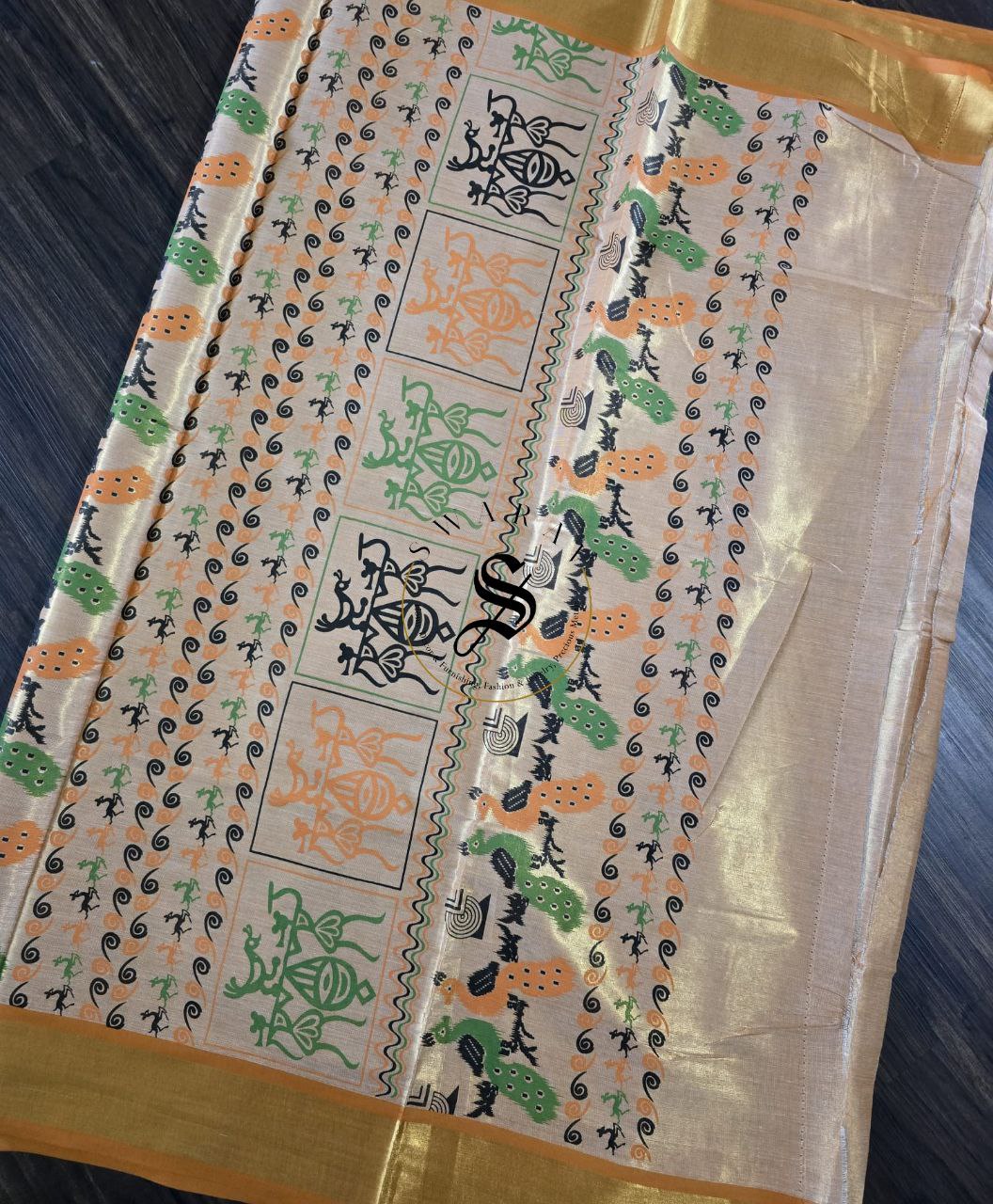 Jute by Tissue silk saree with warli inspired print. FREE ready to wear contrast Green Blouse.