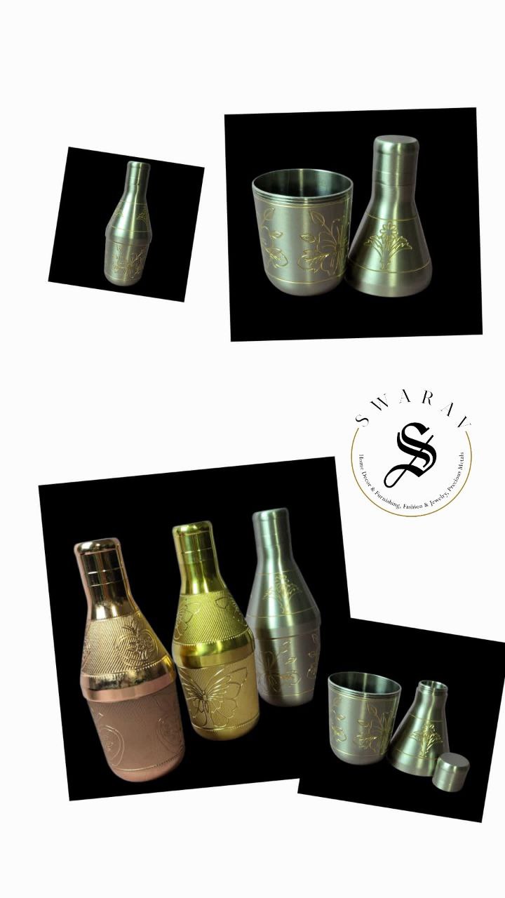 Pure Brass designer multi utility Mini bottles with beautiful engraving. (Set of 3 )Size : 6 inch
