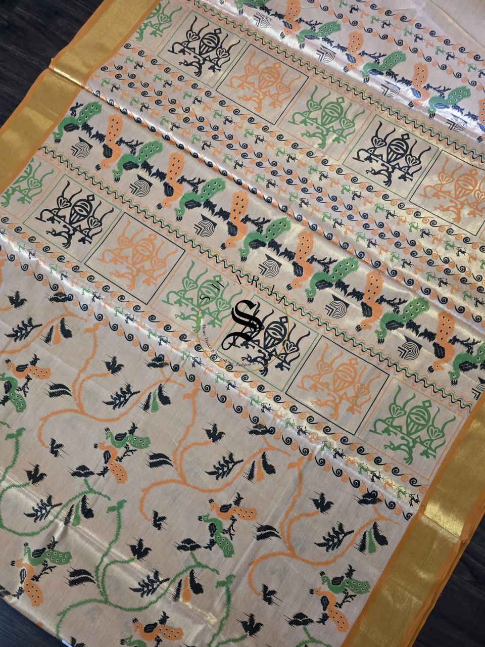 Jute by Tissue silk saree with warli inspired print. FREE ready to wear contrast Green Blouse.