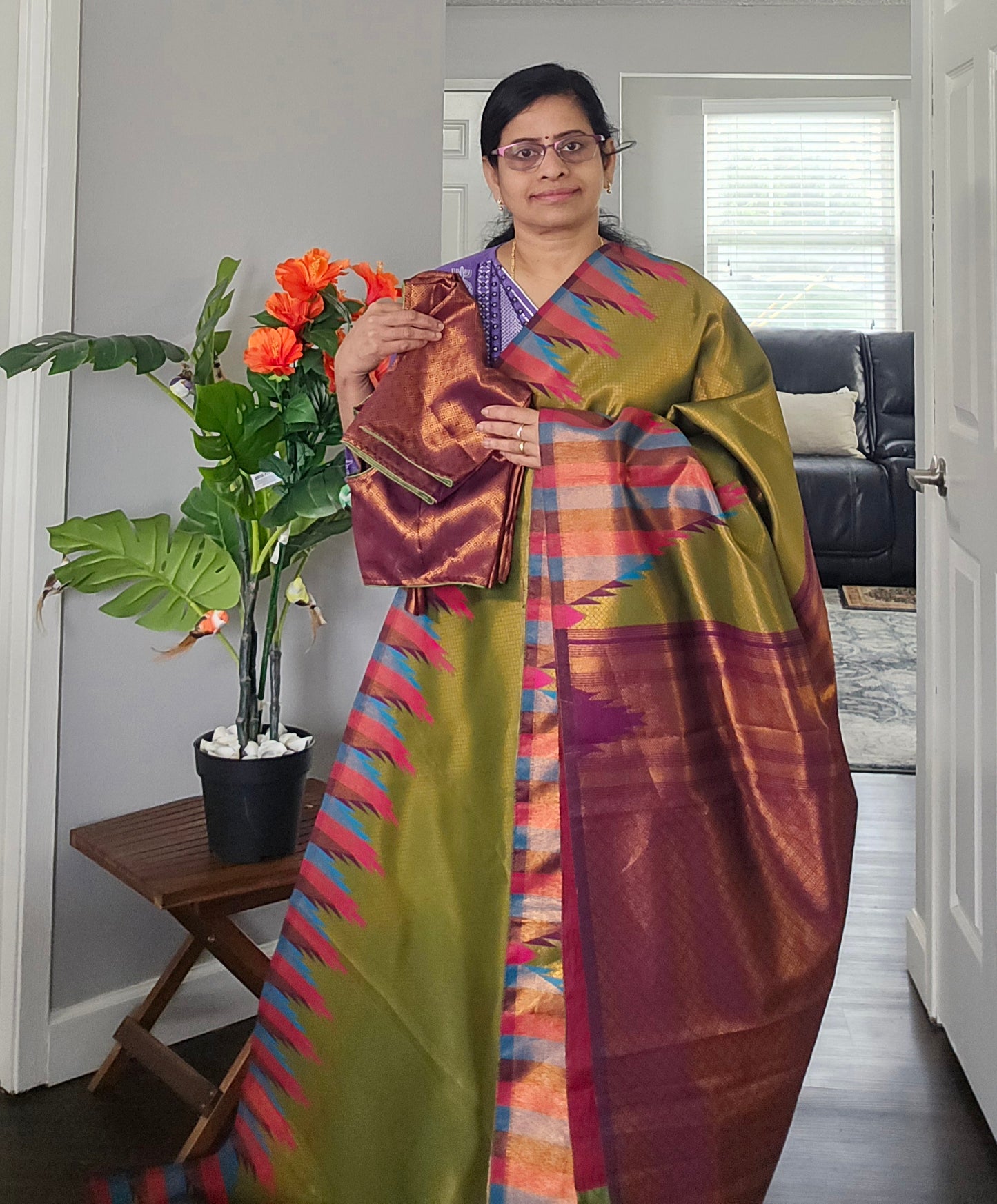 Mehendi green temple border semi silk Saree with dark purple Jacquard stitched blouse. Code - SAR106
