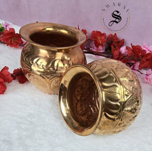 Pack of 2 - Pure copper Lakshmi engraved Kalash. Size - 6 inches.