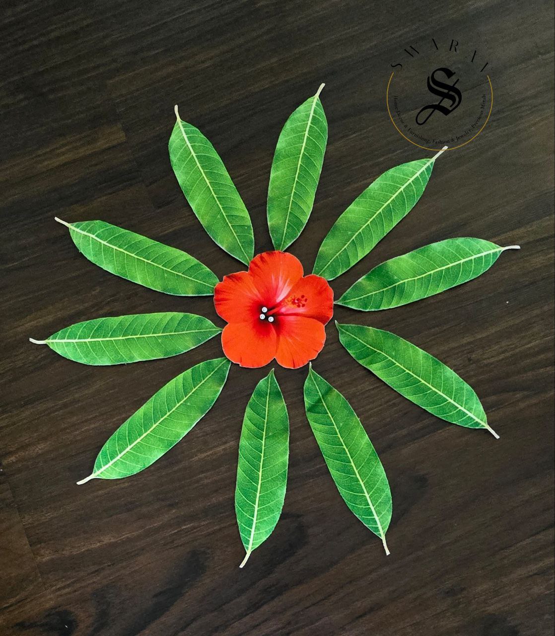 Shubhamastu - Fabric made 27pc set of Banana, Mango and Betelnut leaf and Hibiscus and Marigold Flower for floor or kalash or Pooja thali decor.