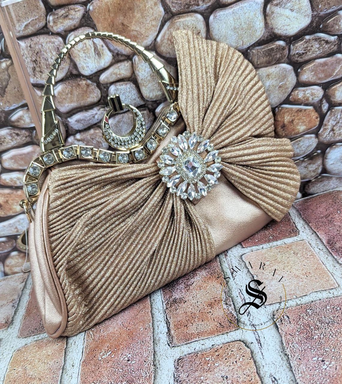 Faux Leather Side Bow Party Clutch -Gold Color.