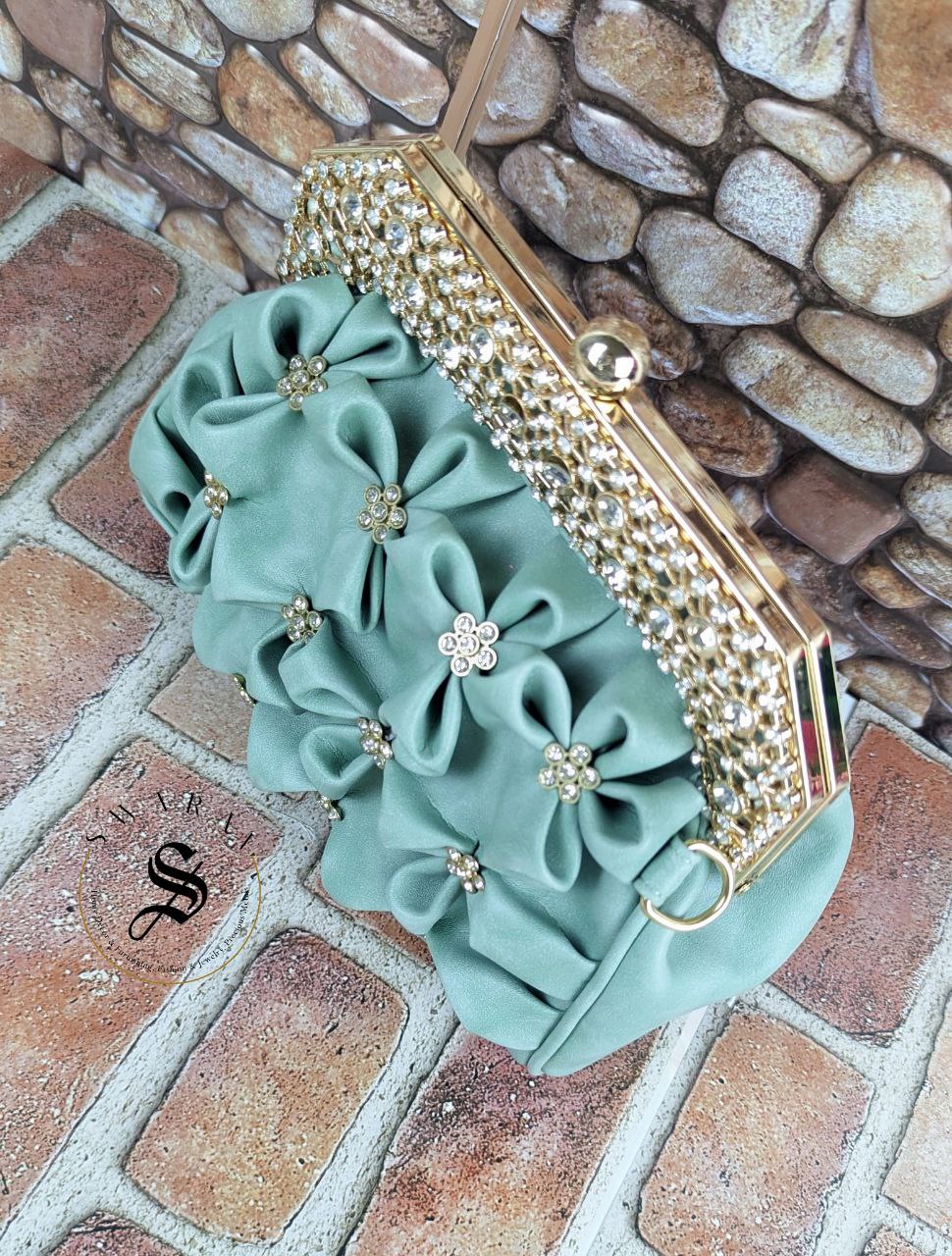 Faux Leather Floral party Clutch - Rama Green.