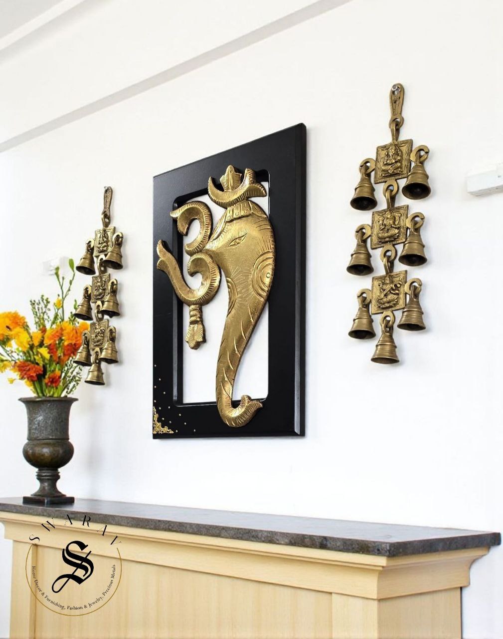 Brass Om Ganesha Frame with side bell Wall Hanging - Set of 3.