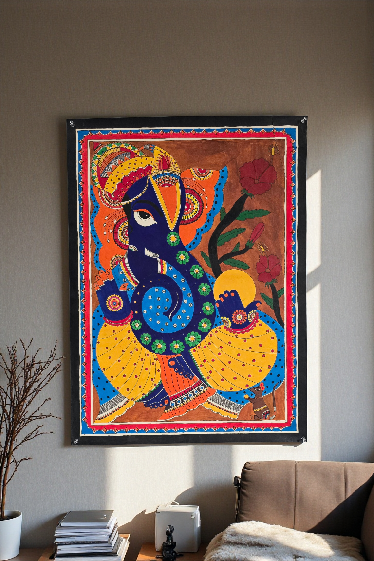 Madhubani or Mithila Painting – Lord Ganesha with his beautiful ornaments and Laddu in hand.