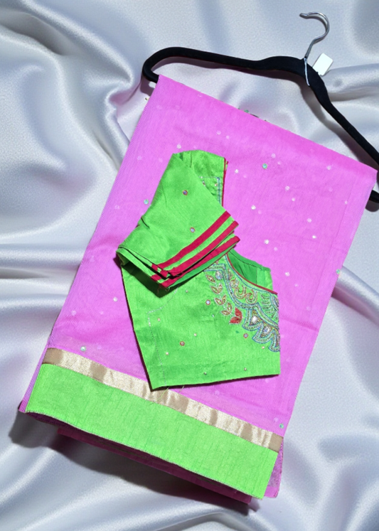 Kota mix cotton small mirror work saree with contrast stiched work blouse.