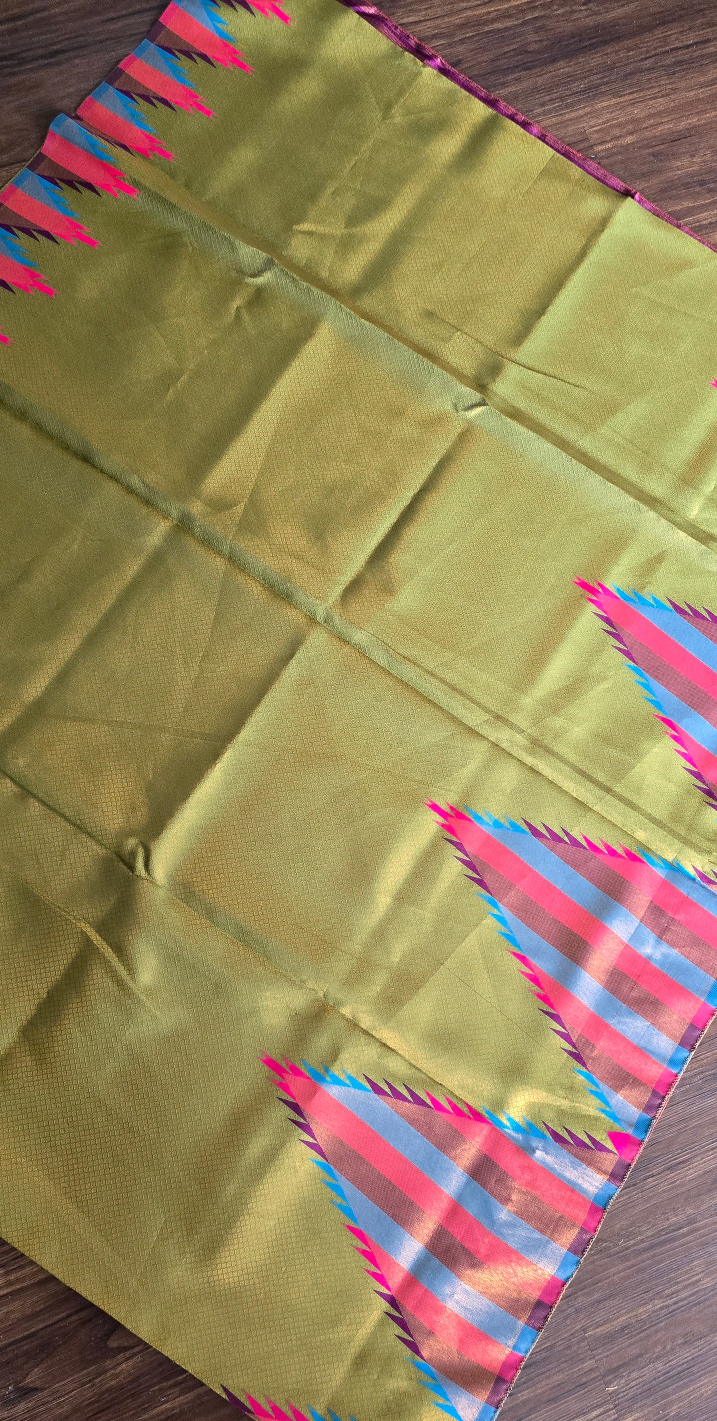 Mehendi green temple border semi silk Saree with dark purple Jacquard stitched blouse. Code - SAR106