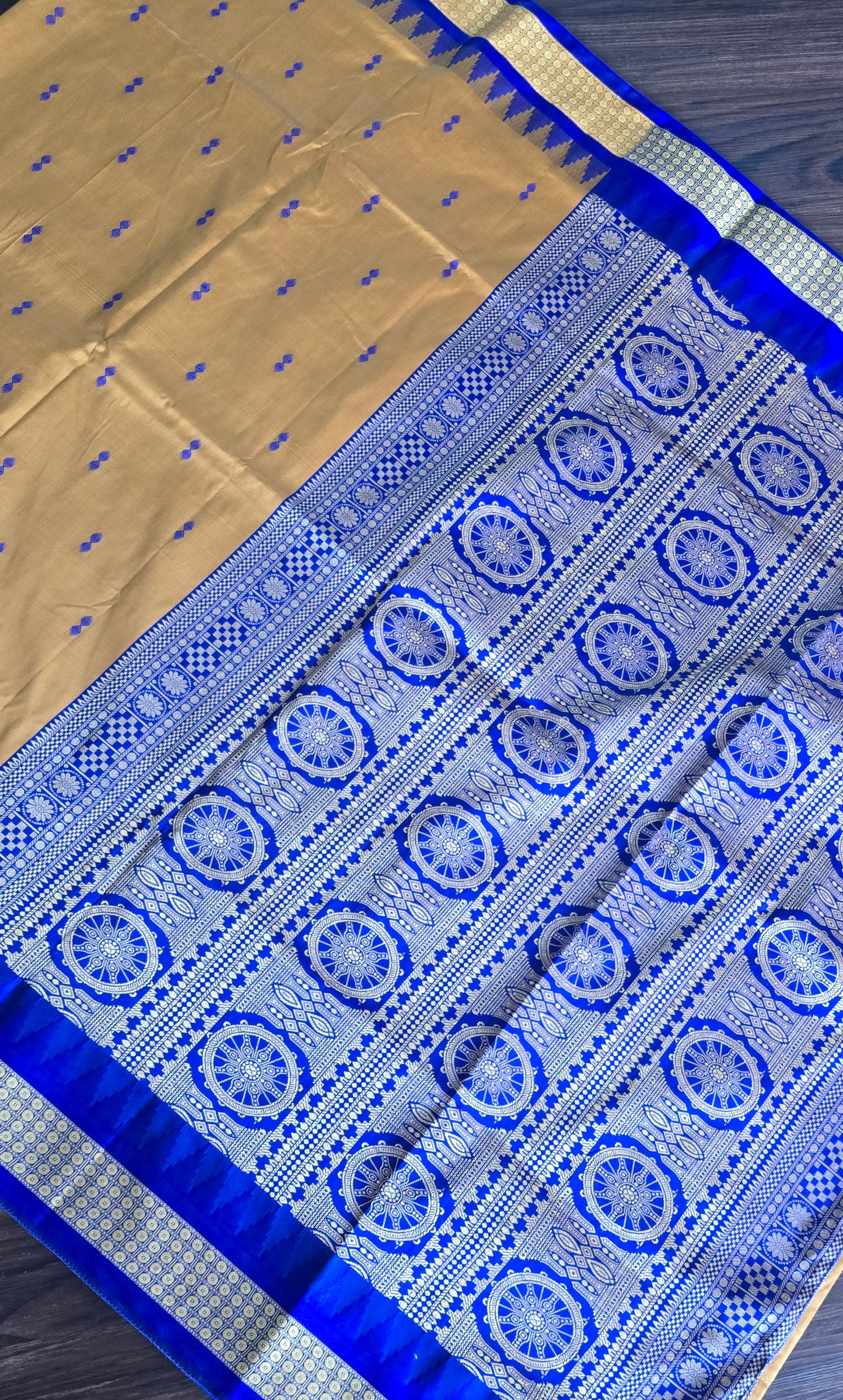 Mustard/turmeric yellow Sambalpuri Bomkai silk saree with royal blue stitched blouse. Code - SAR103