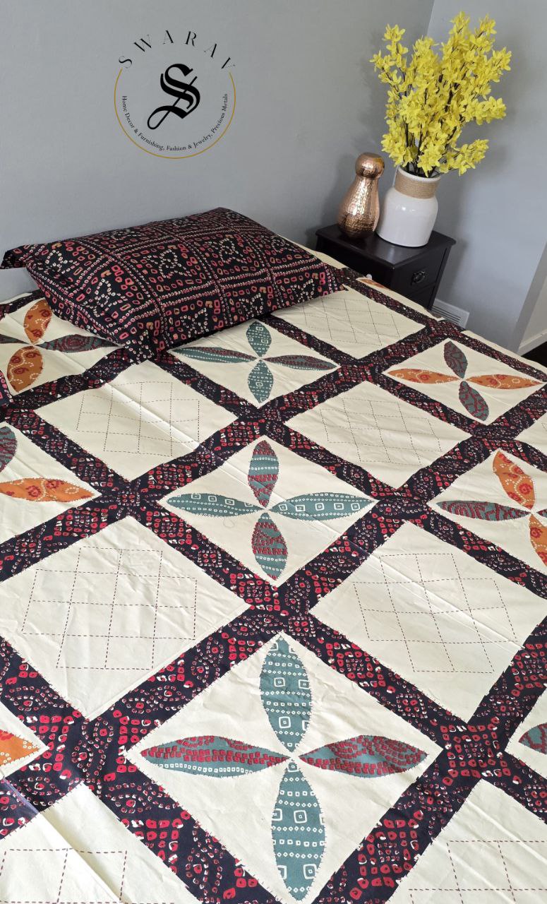 100% cotton Katha stitch and Applique design PRINTED Jaipur King Size flat sheet Set - 108 by 108 inch.