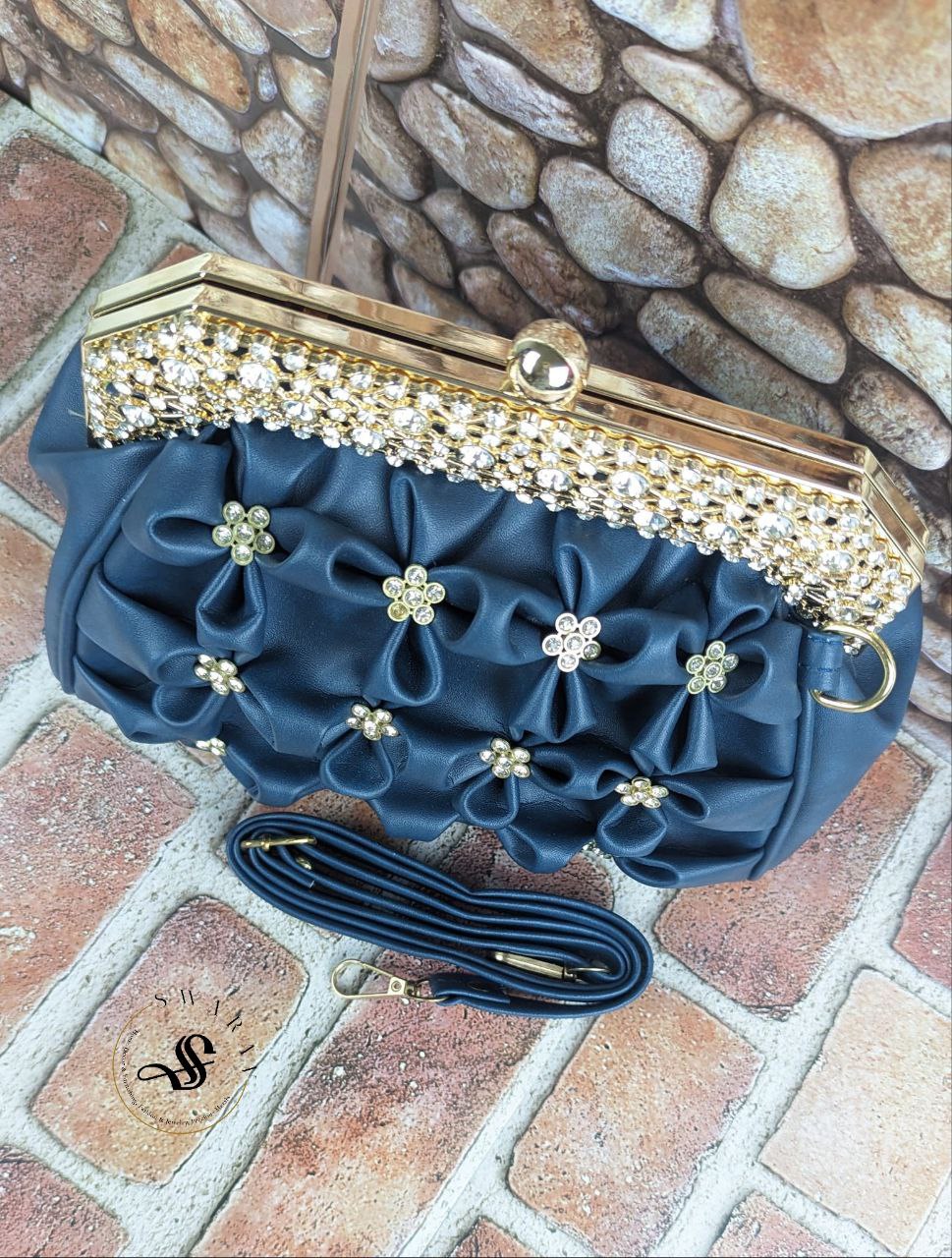 Faux Leather Floral party Clutch - Peacock Blue.