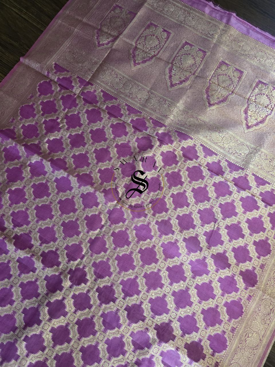 Organza Banarasi Saree in full zari weave with FREE ready to wear blouse. Color - Magenta.