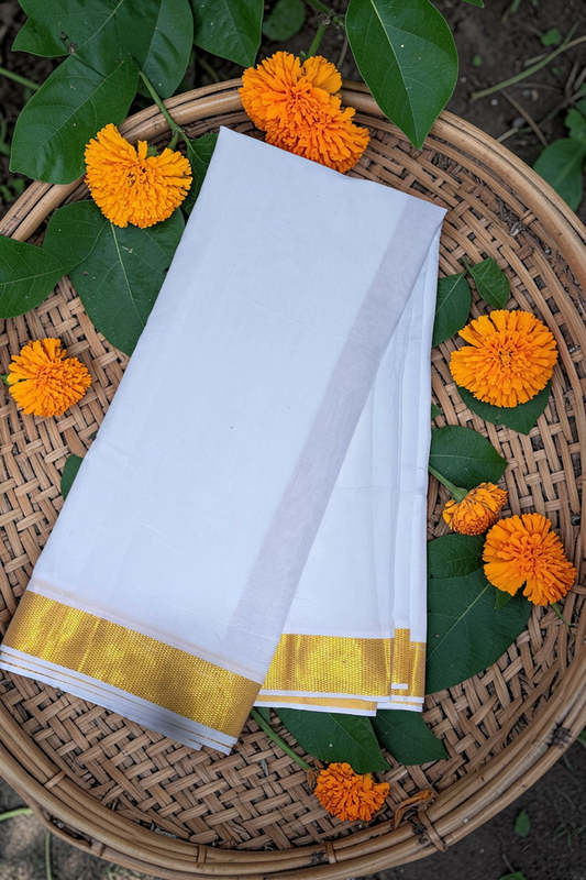 Pure cotton broad golden zari weave Angavastram and Vesti set for Men in White. (D8).  Length - 7 Meters.
