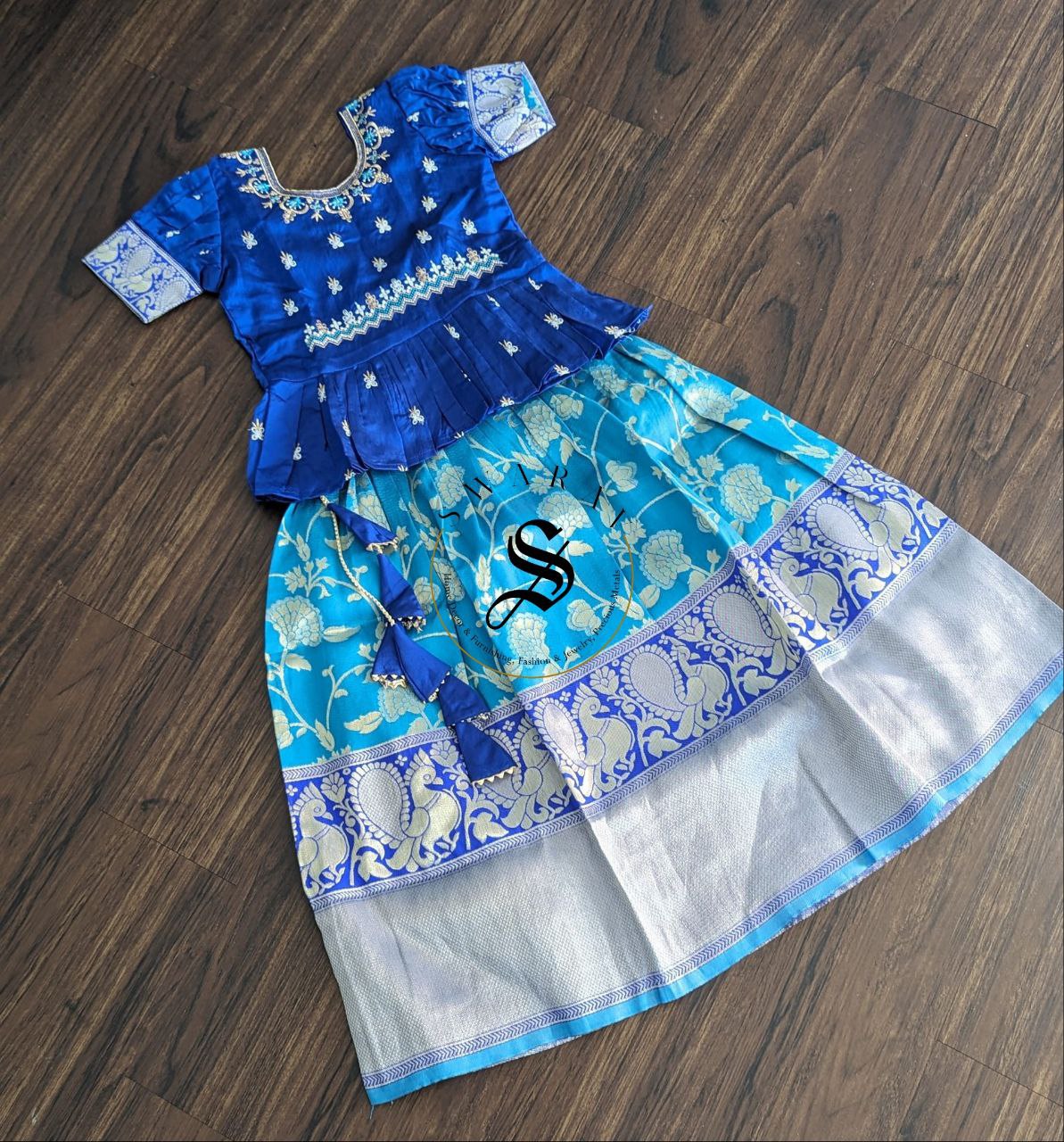 Zari woven cotton blend Pavadai set ( Ghaghra Blouse )for Baby Girl . Royal Blue. Age 6.