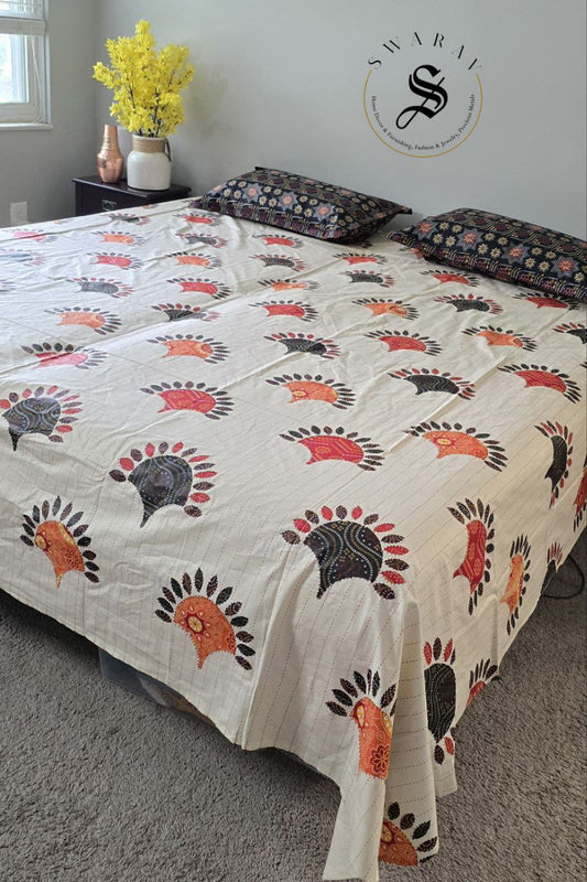 100% cotton Katha stitch and Applique design PRINTED Jaipur King Size flat sheet Set - 108 by 108 inch.
