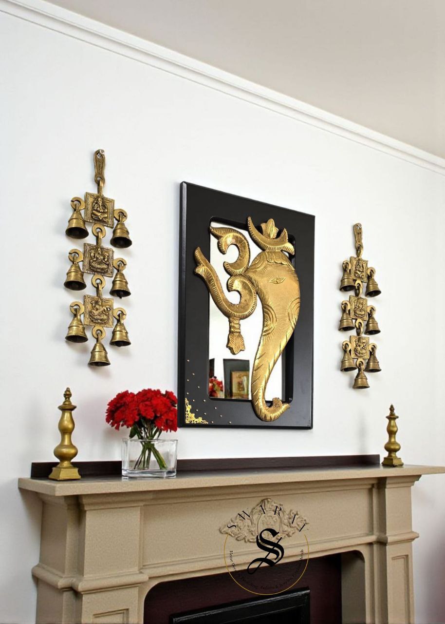 Brass Om Ganesha Frame with side bell Wall Hanging - Set of 3.