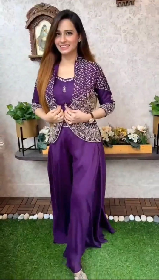 3pc palazzo koti set.  Color - Purple. Size - M. Fits upto XL with margin inside.