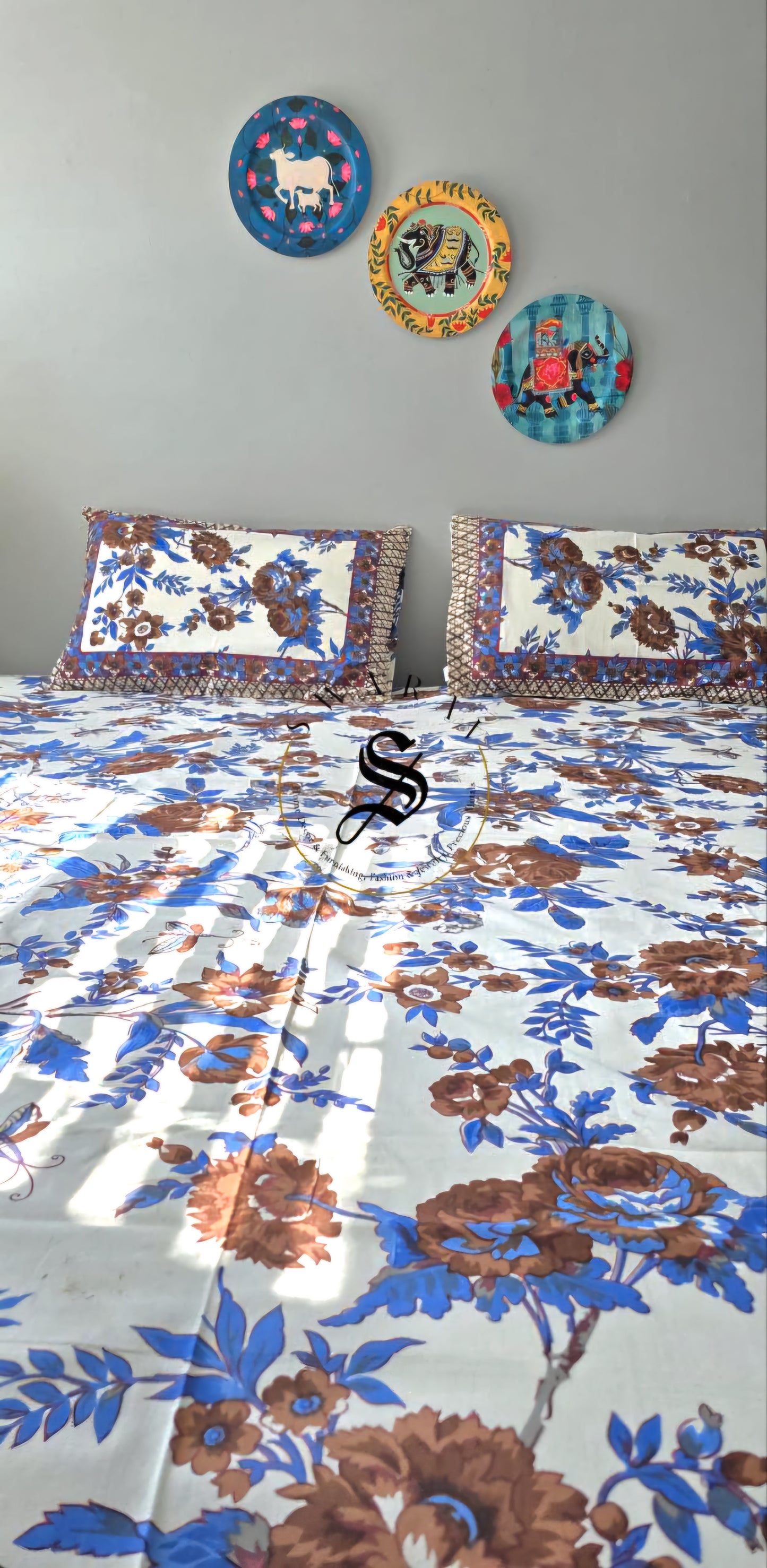 South Cotton thick fabric Jumbo King Size Bedsheet Set - 108 by 108 inch. Blue plant and leaf print.