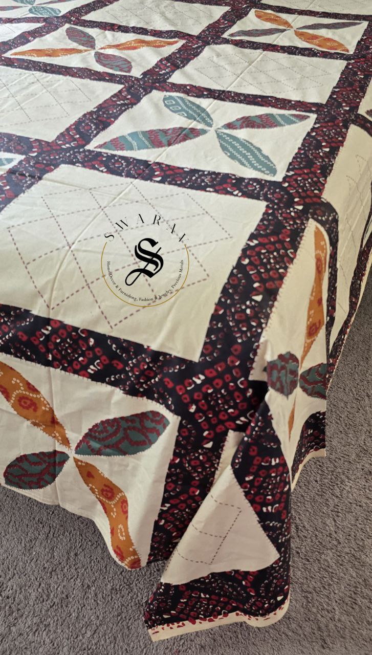 100% cotton Katha stitch and Applique design PRINTED Jaipur King Size flat sheet Set - 108 by 108 inch.
