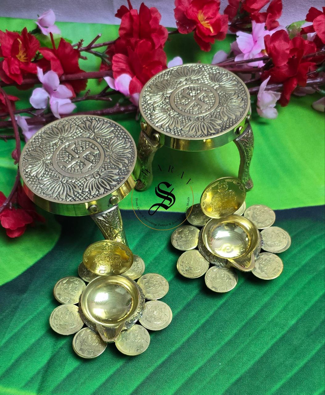 Set of 4 - Pure Brass Lakshmi coin oil lamp pair with a pair of pure brass stool/stand to hold diyas.