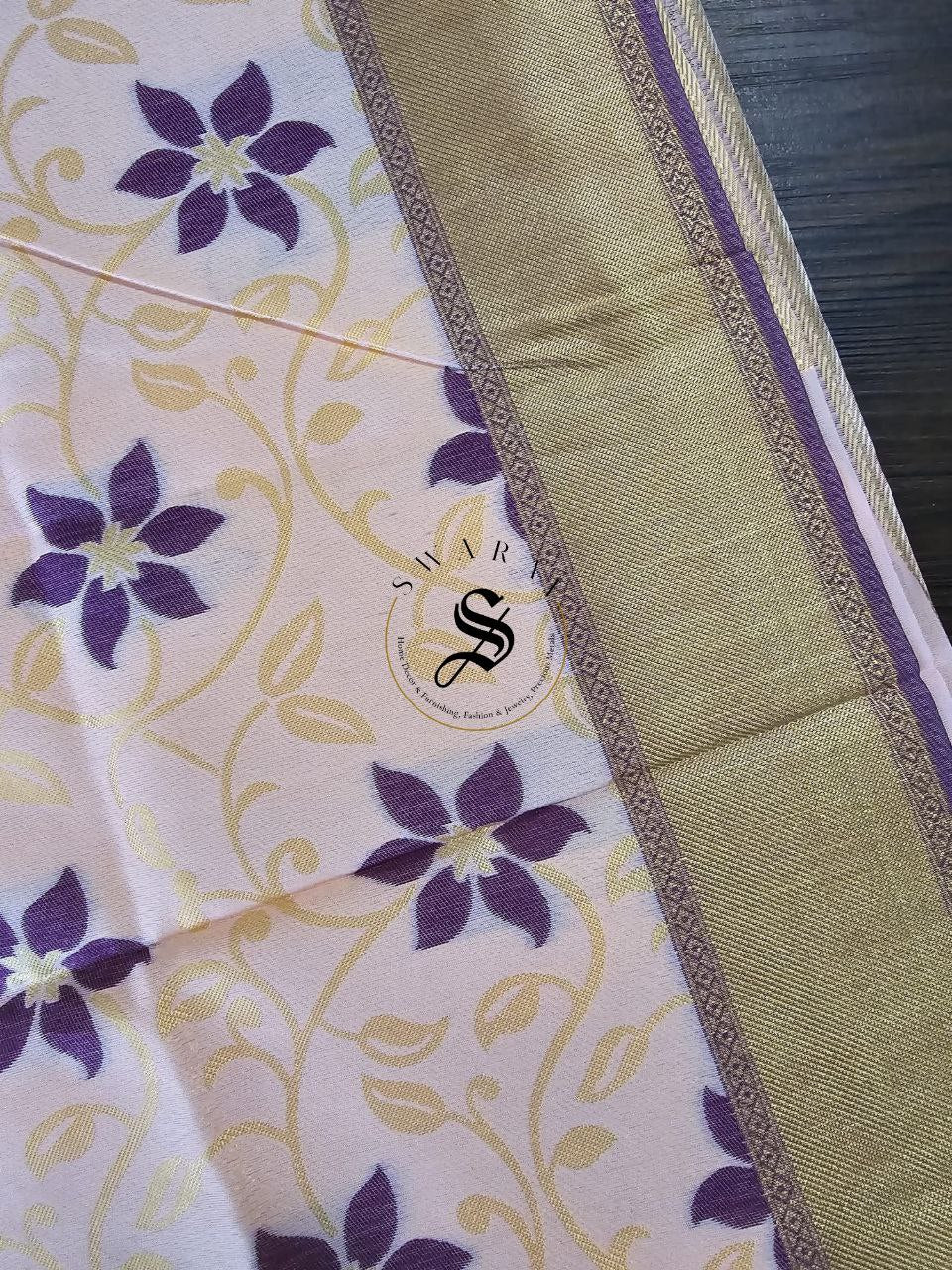 Jute by Satin Silk creamy pink Saree with FREE contrast purple stitched ready to wear Blouse.