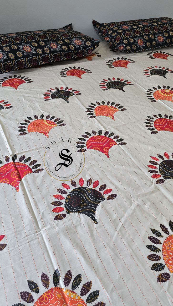 100% cotton Katha stitch and Applique design PRINTED Jaipur King Size flat sheet Set - 108 by 108 inch.